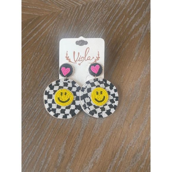 Black and White Checker Happy Face Seed Bead Earrings - Picture 2 of 3